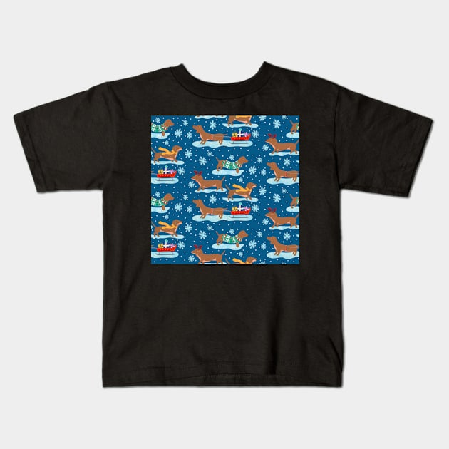 Dachshund dogs in the snow Kids T-Shirt by Papergrape